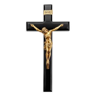 12" Black Painted Wood Cross With Museum Gold Antique Corpus