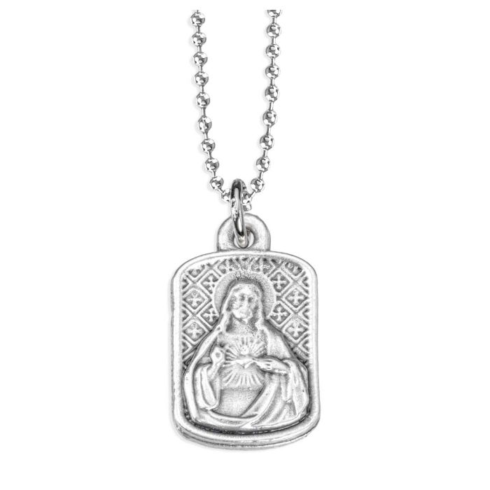 7/8" Sacred Heart of Jesus Silver Oxidized Rectangle Medal on a 18" Ball Chain. Boxed