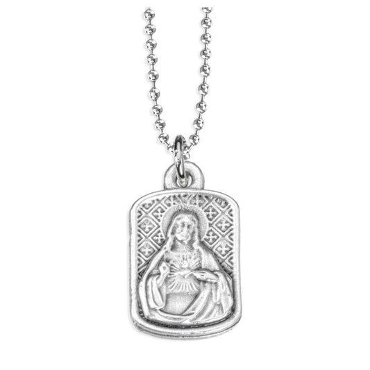 7/8" Sacred Heart of Jesus Silver Oxidized Rectangle Medal on a 18" Ball Chain. Boxed