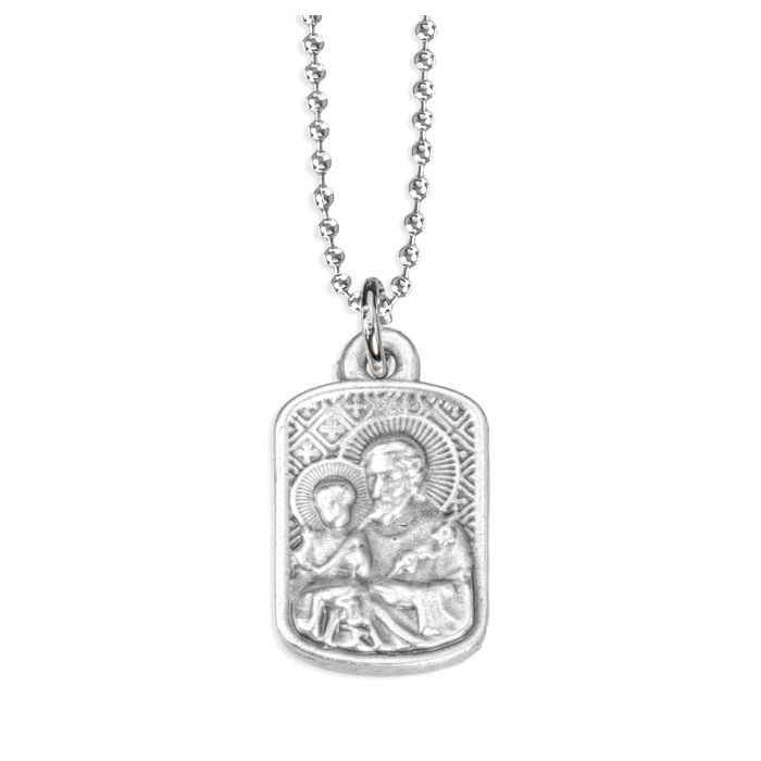 7/8" Saint Joseph Silver Oxidized Rectangle Medal on a 18" Ball Chain. Boxed