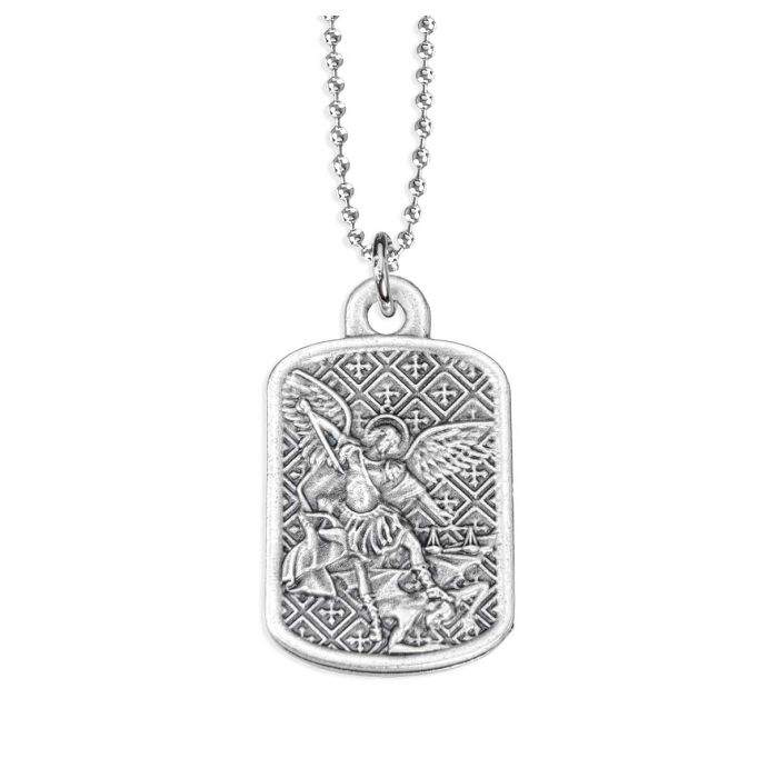 1 1/2" Saint Michael Silver Oxidized Rectangle Medal on a 24" Ball Chain. Boxed