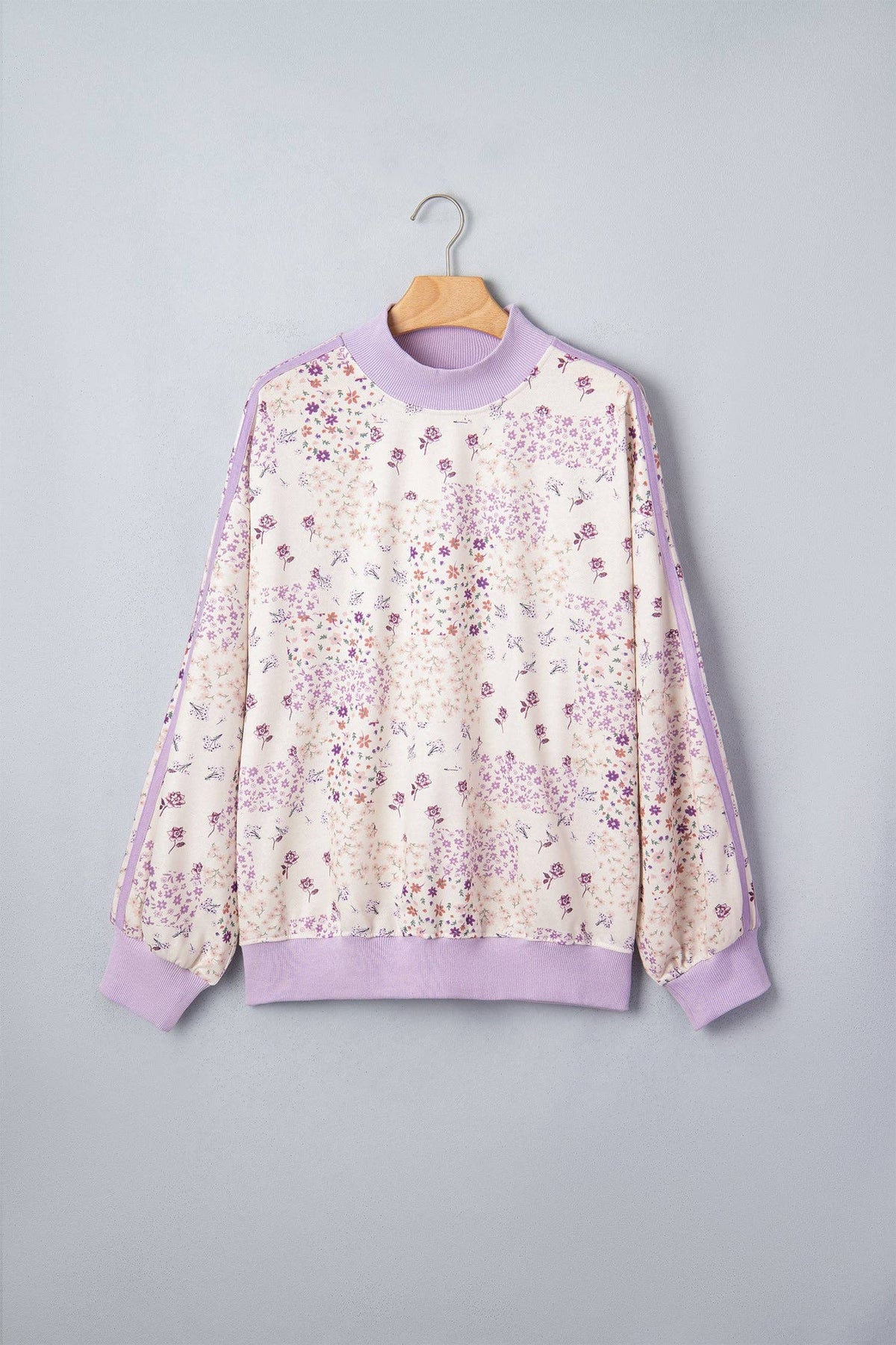 Purple Floral Print High Neck Colorblock Sleeve Paneling Sweatshirt