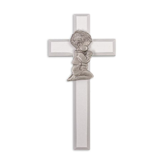 7" White Wooden Cross with pewter Baby Boy