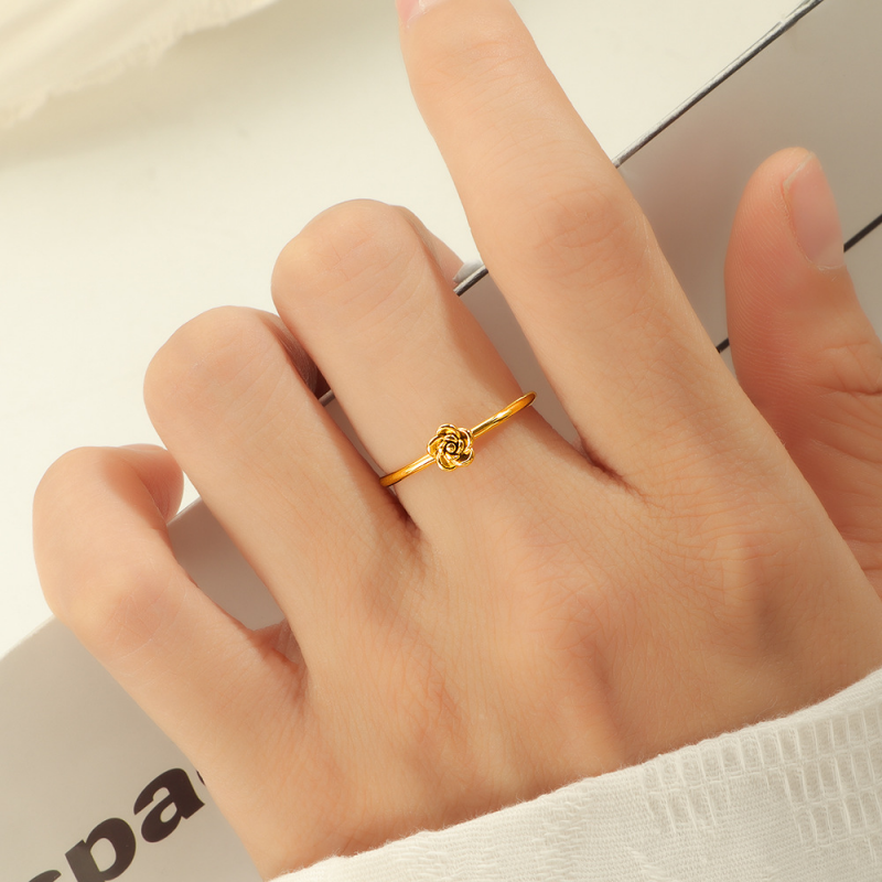 Dainty Gold Rose Flower Stacking Ring in Stainless Steel