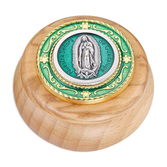 Our Lady of Guadalupe Wood & Green Epoxy with Gold Details Metal Keepsake Box