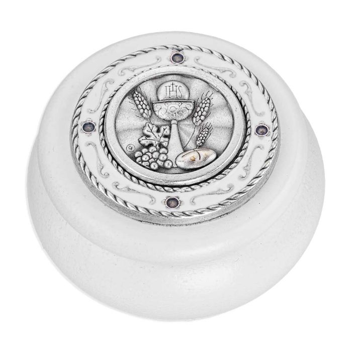 Communion White Wood & White Epoxied Silver Metal Keepsake Box