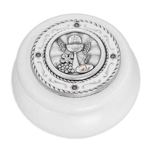 Communion White Wood & White Epoxied Silver Metal Keepsake Box