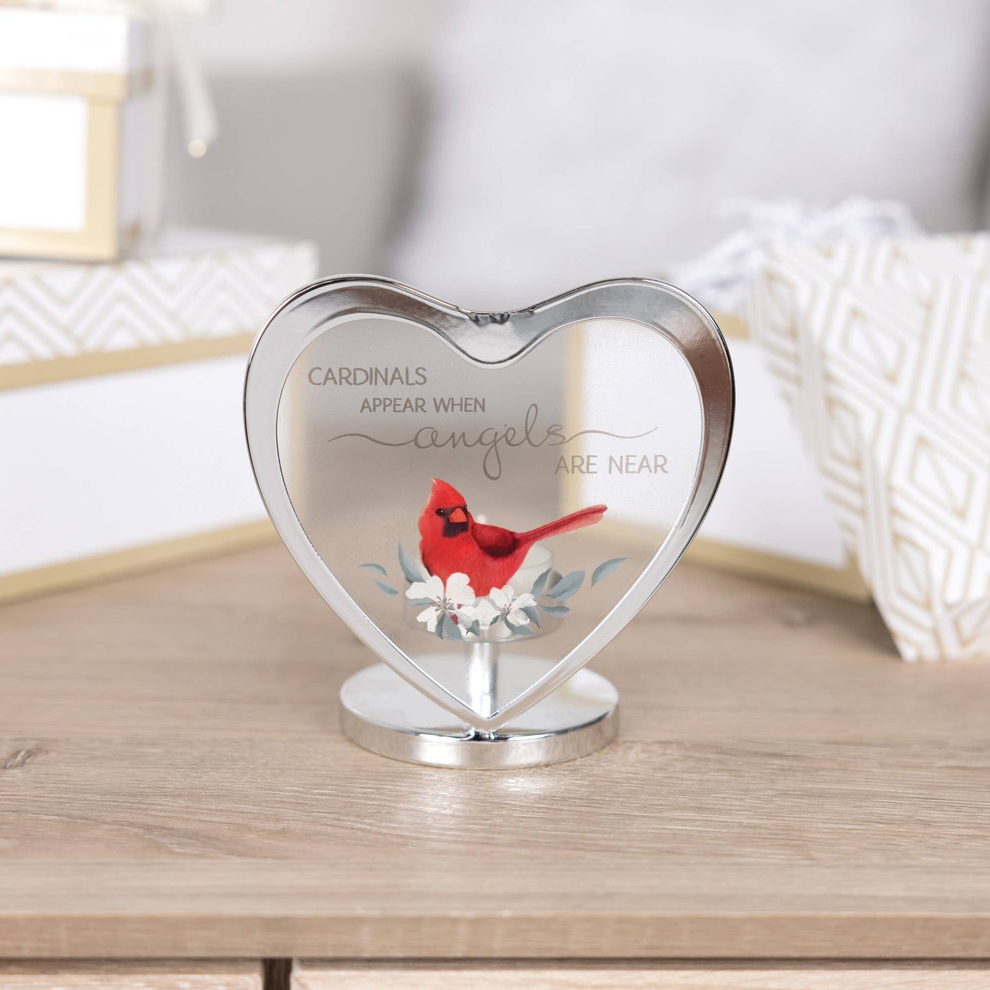 Cardinals Appear - 5" Glass Heart Tea Light Holder