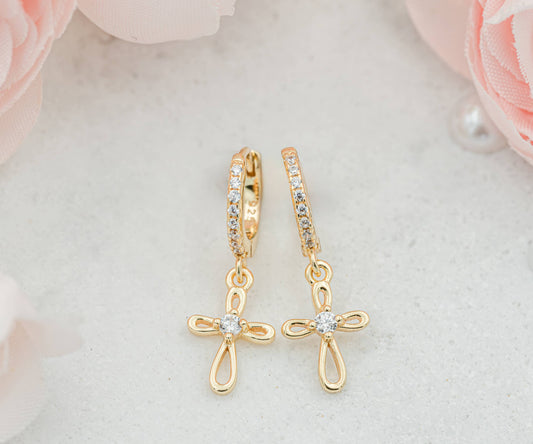 14K Gold-Plated Huggie with Cross Earrings for Kids, Girls