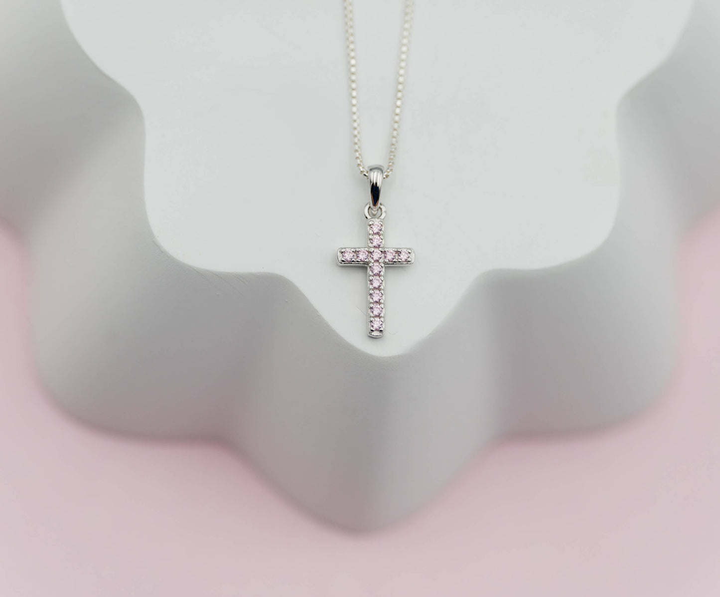 Sterling Silver Pink CZ Youth Cross Necklace