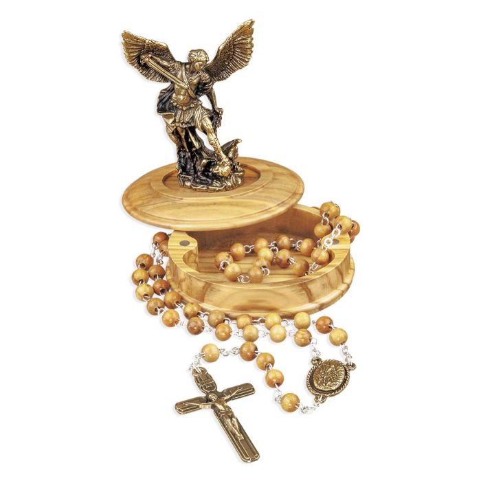 St. Michael Wood Bead Rosary in Wooden Box with Bronze St. Michael Statue on Top