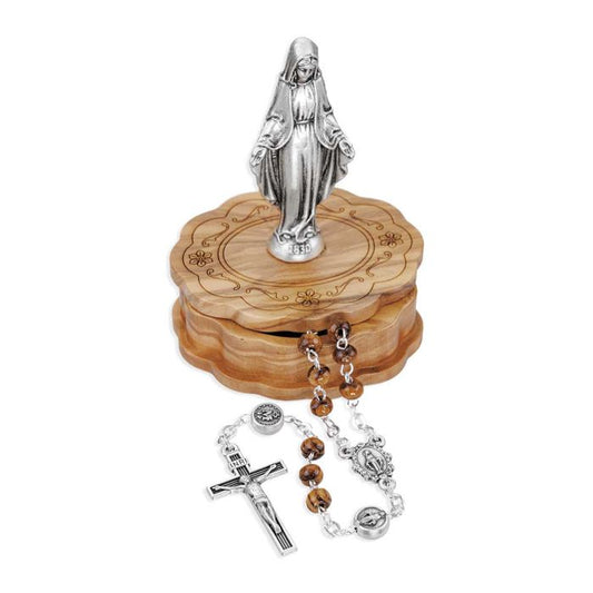 O.L of the Miraculous Medal Wood Bead Rosary in Wooden Box with O.L. of the Miraculous Medal Statue on Top