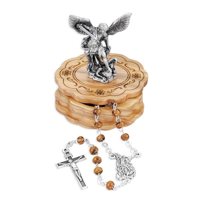 St. Michael Wood Bead Rosary in Wooden Box with St. Michael Statue on Top