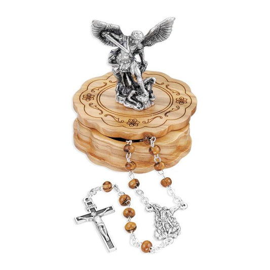 St. Michael Wood Bead Rosary in Wooden Box with St. Michael Statue on Top