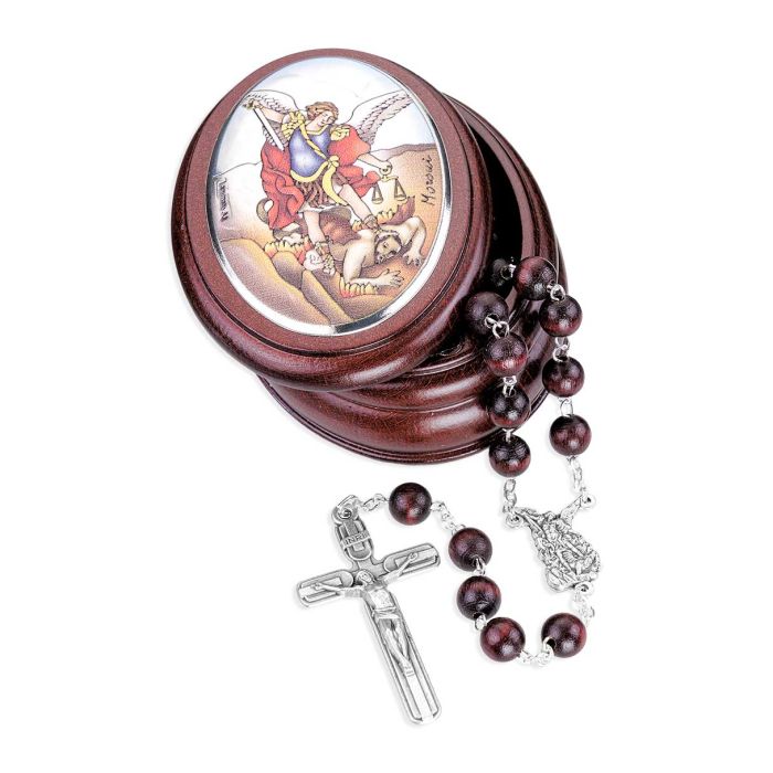 St. Michael Wood Bead Rosary in St. Michael Image Wooden Box