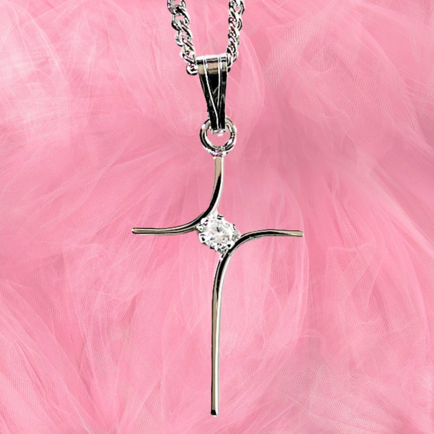 Silver Plated Cross Necklace - Curved Lines Design