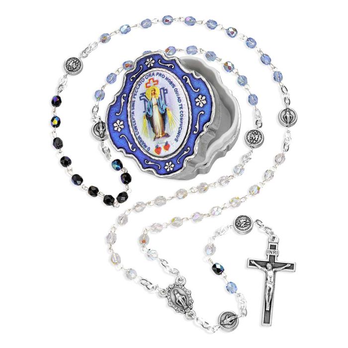 4mm Multi Colored Glass Bead Our Lady of the Miraculous Medal Rosary in Relief Metal Keepsake Box
