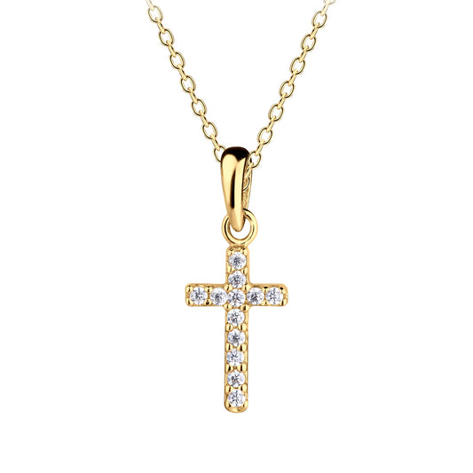 14K Gold-Plated Kids Cross CZ Necklace for Girls Communion: Clear / 14 inch medium cross
