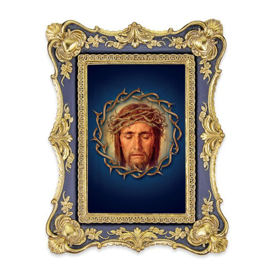 Antiqued Dark Blue and Gold Holy Face Frame