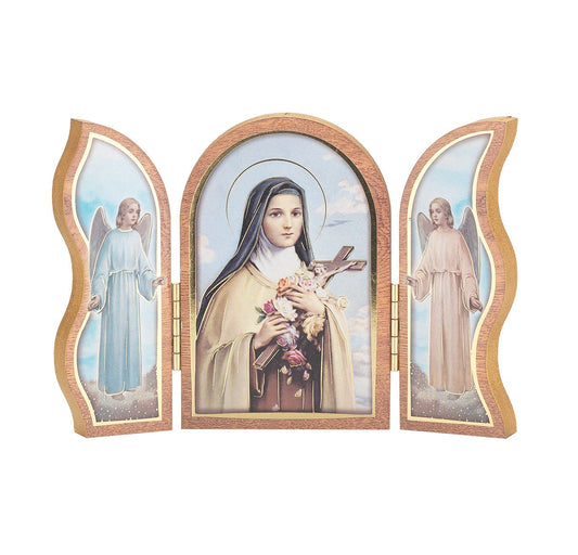St. Therese Standing Natural Wood Triptych