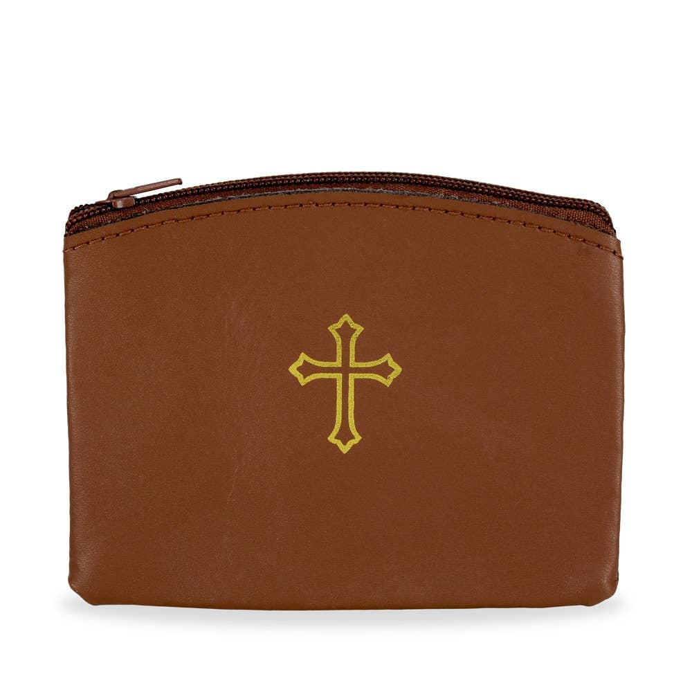 Genuine Leather Zipper Rosary Pouch Gold Cross