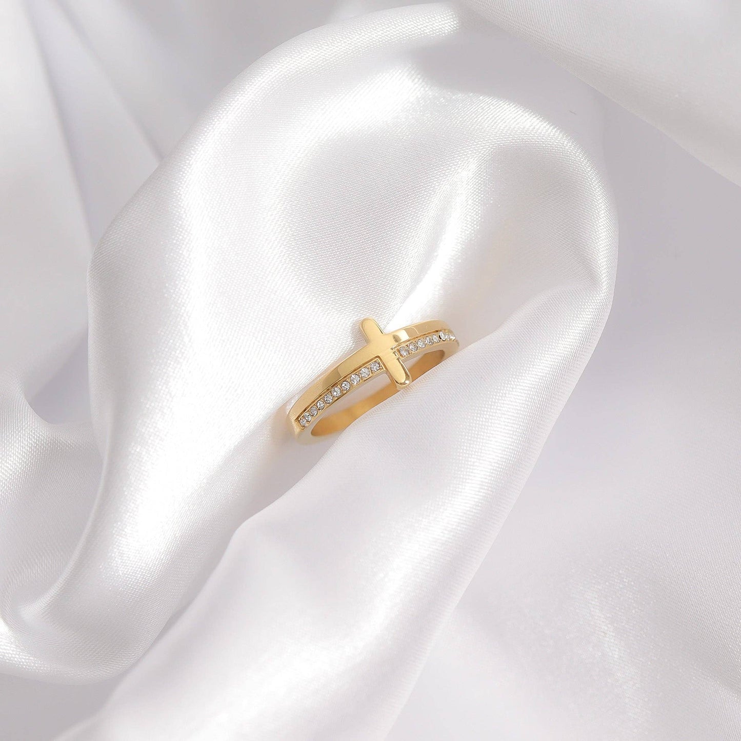 18K Gold PVD Engraved CZ Cross Stacking Ring