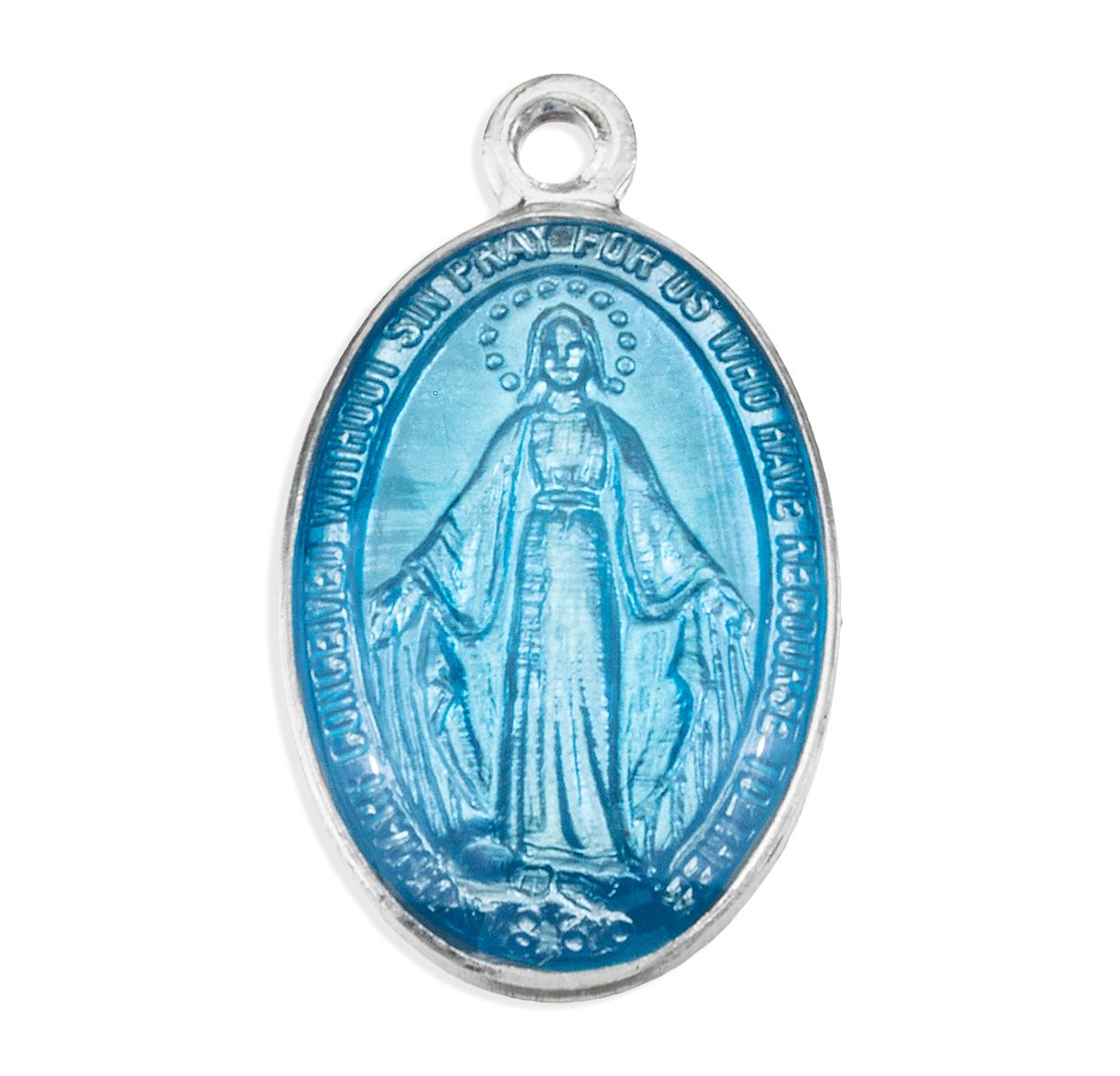 13/16" Miraculous Medal in Silver Finish with Blue Epoxy