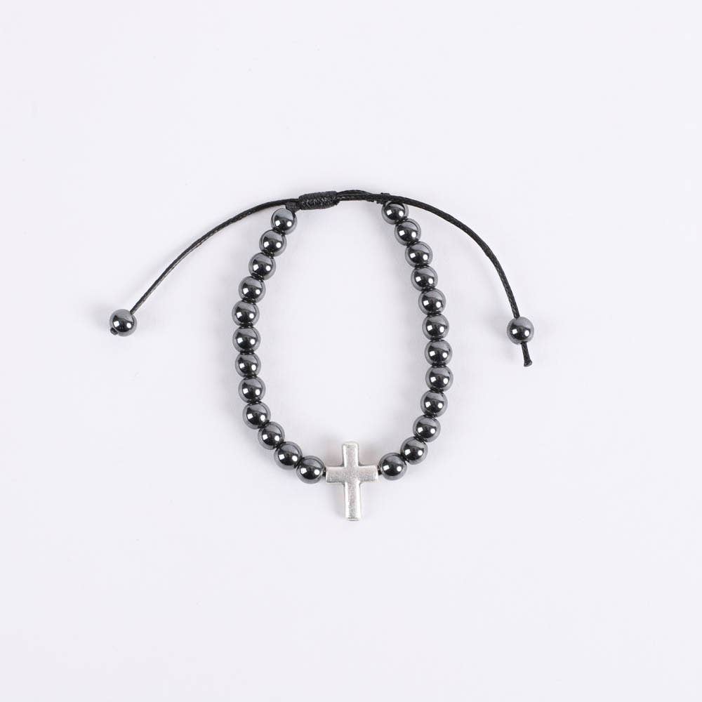 Bracelet - Hematite Beads with Cross - Adjustable