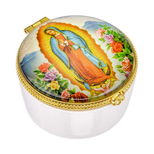 Porcelain Rosary Box with Our Lady of Guadalupe Glass Cover 1 1/2" high x 2 3/8" diameter-P65