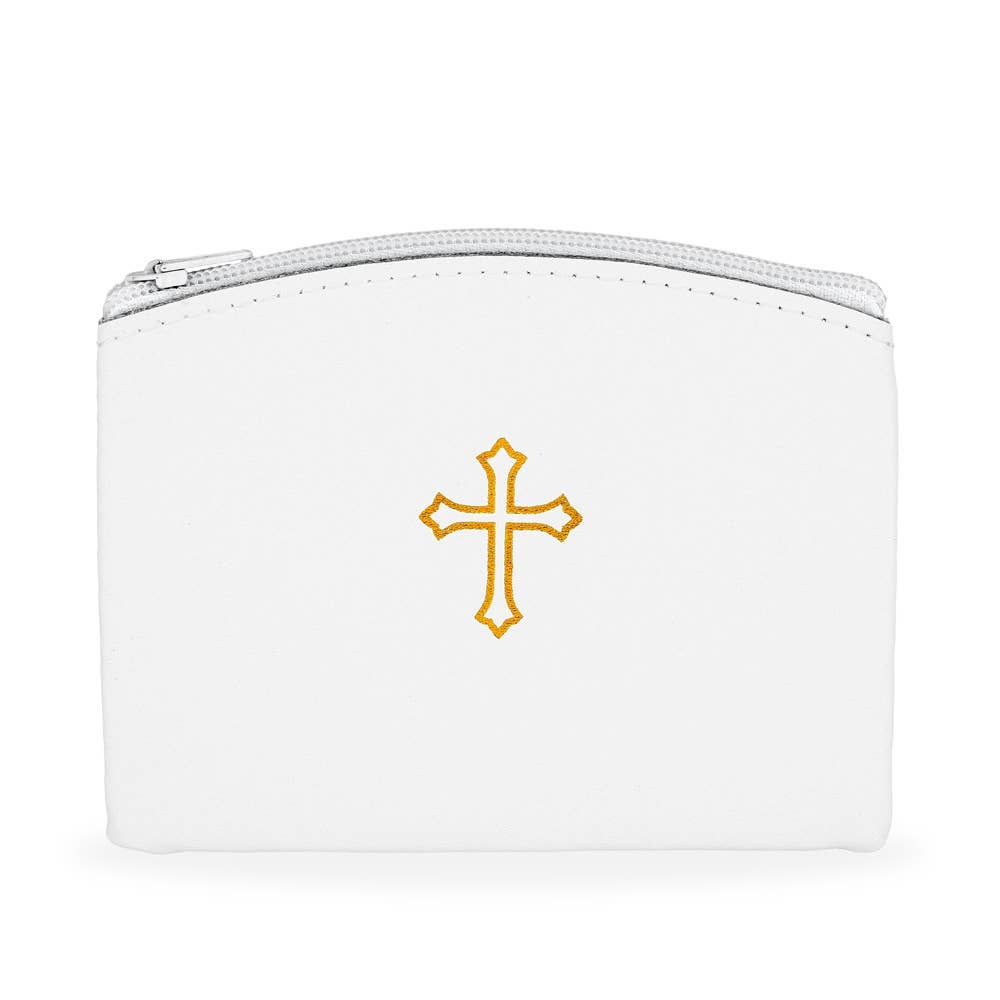 White Genuine Leather Zipper Rosary Pouch Gold Cross