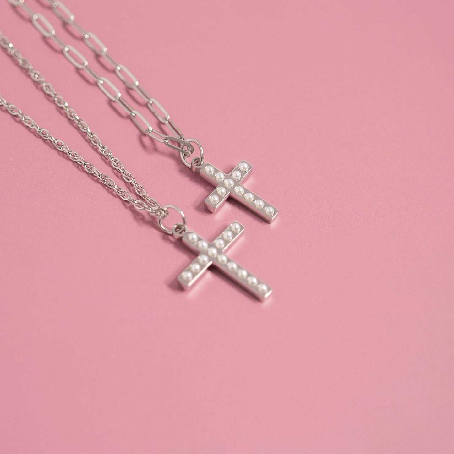 18K Gold PVD Stainless Steel Pearl Beaded Cross Charm