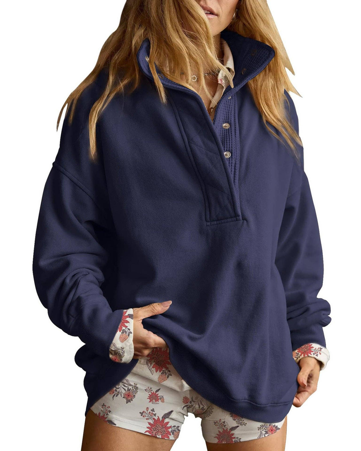 Solid Fleece Sweatshirt Casual Oversized Snap Collar