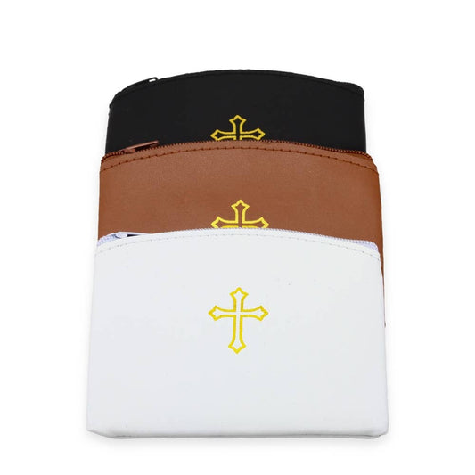 Genuine Leather Zipper Rosary Pouch Gold Cross