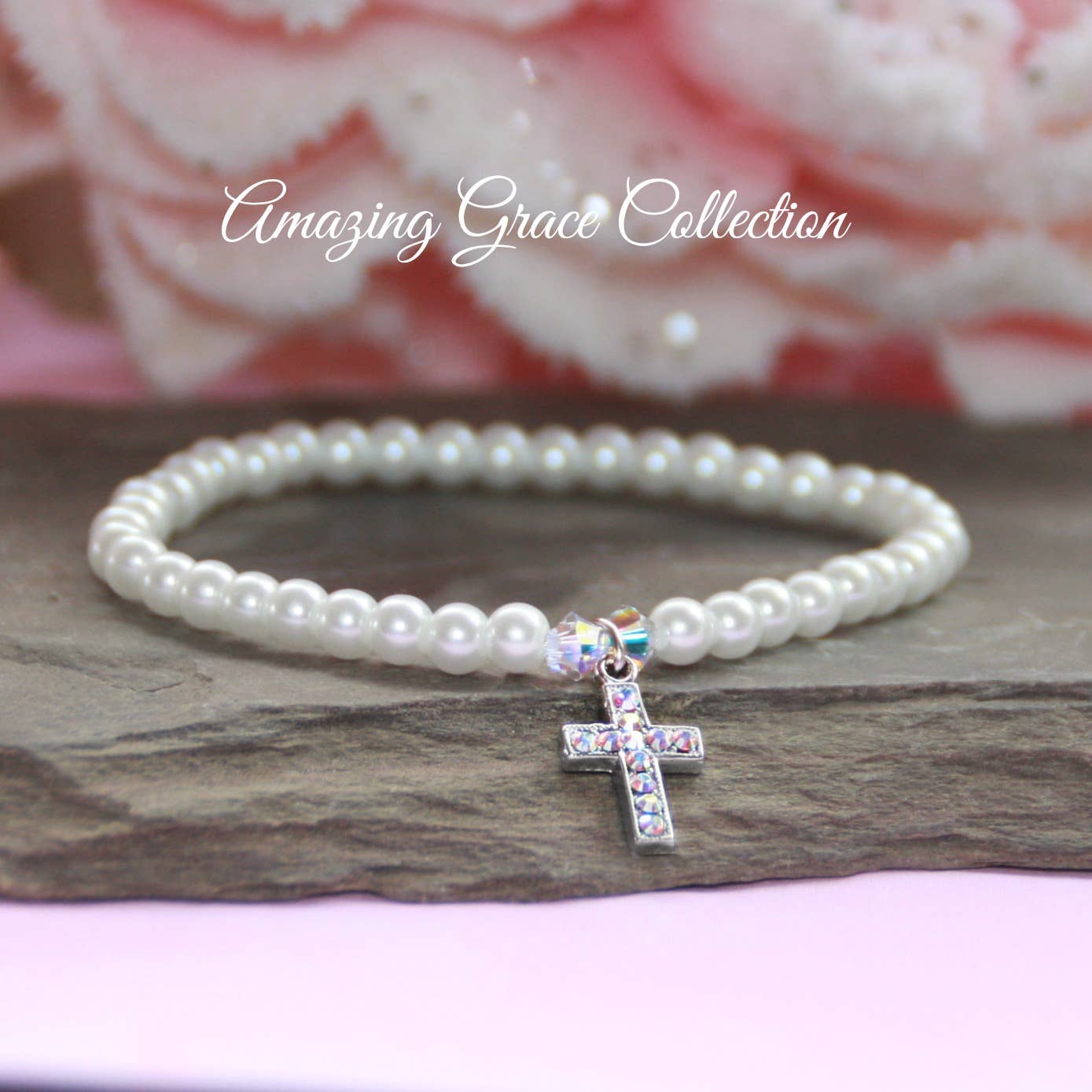Crystal Filled Cross Pearl 6.5 inch Bracelet