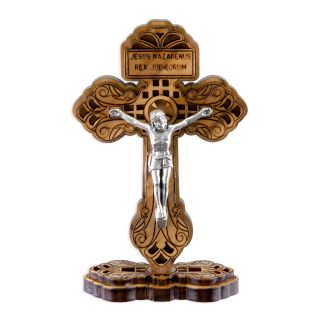 3 3/4" Standing Olive Wood Pardon Crucifix with Silver Oxidized Corpus