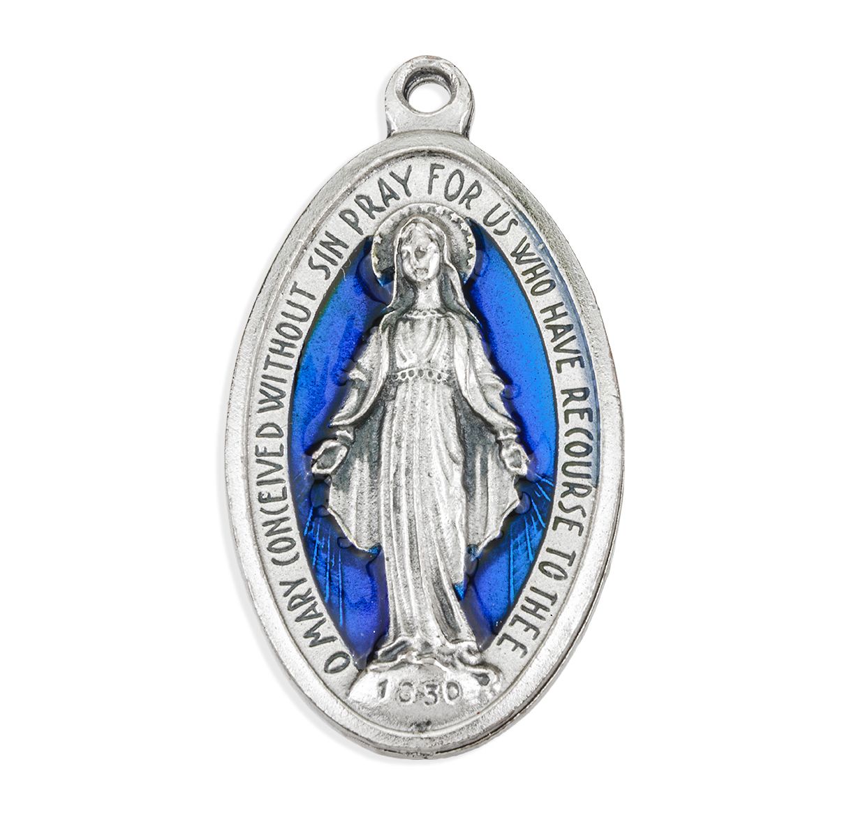 1 13/16" Miraculous Medal in Antiqued Silver Finish with Blue Epoxy