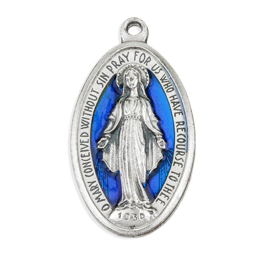 1 13/16" Miraculous Medal in Antiqued Silver Finish with Blue Epoxy