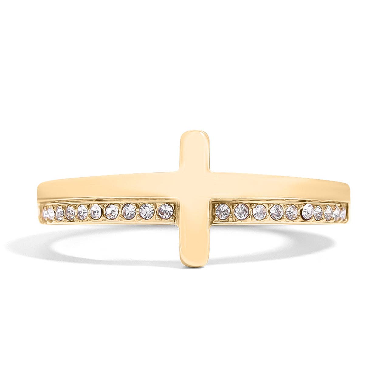 18K Gold PVD Engraved CZ Cross Stacking Ring