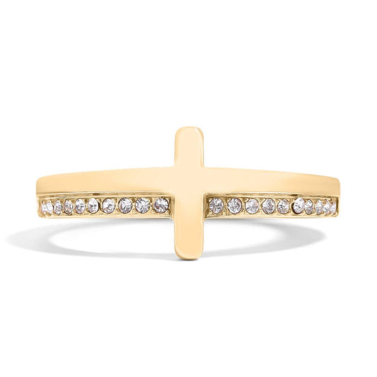 18K Gold PVD Engraved CZ Cross Stacking Ring