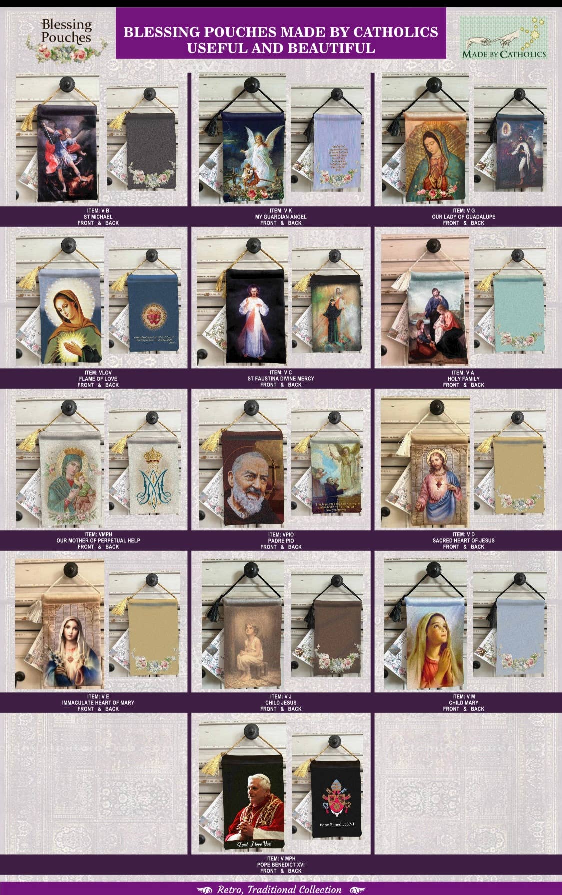 VINTAGE HEARTS Blessing CarrierPouch JESUS HEART MARYS CROWN