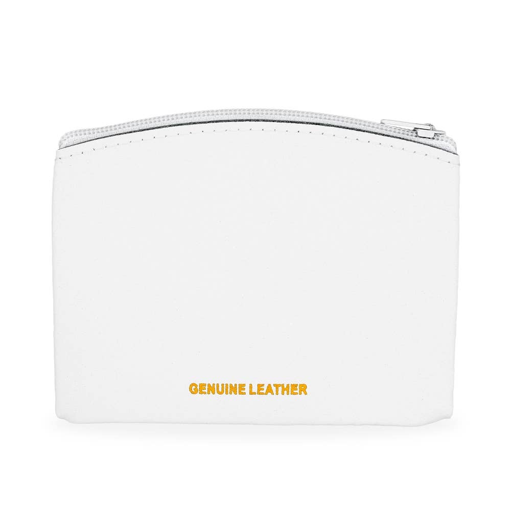 White Genuine Leather Zipper Rosary Pouch Gold Cross