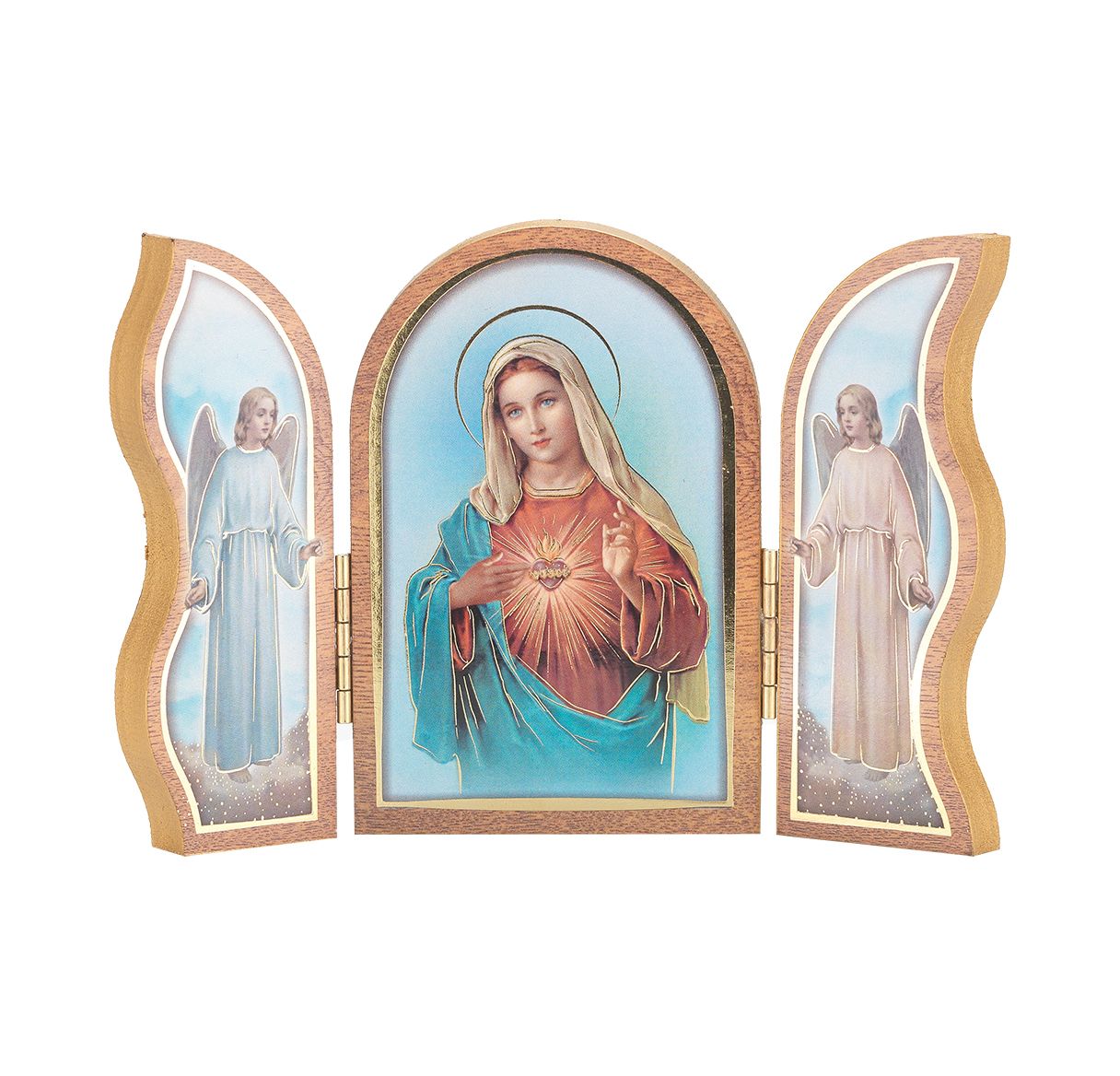 Immaculate Heart of Mary Standing Natural Wood Triptych
