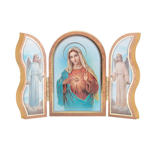 Immaculate Heart of Mary Standing Natural Wood Triptych