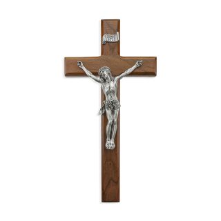 12" Walnut Crucifix with Antique Fine Pewter Corpus
