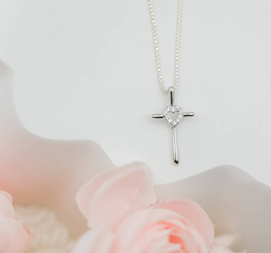 Sterling Silver Girls Cross Necklace CZ Heart for Communion