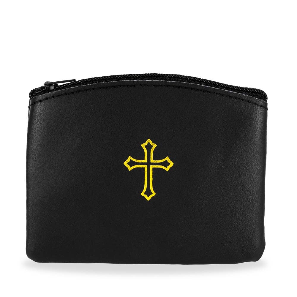 Genuine Leather Zipper Rosary Pouch Gold Cross