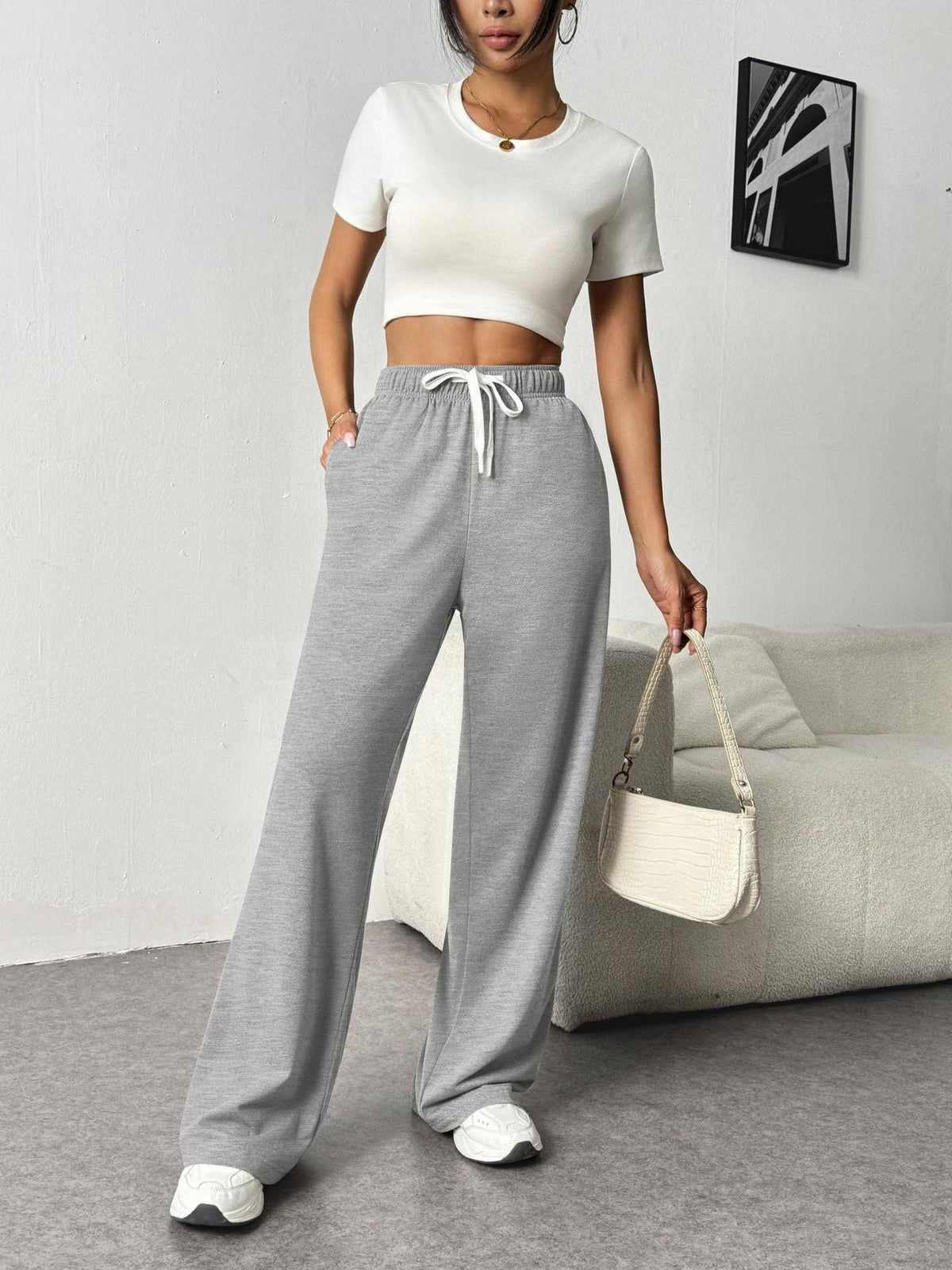 Solid Knit Wide Leg Pants Casual Drawstring Lounge