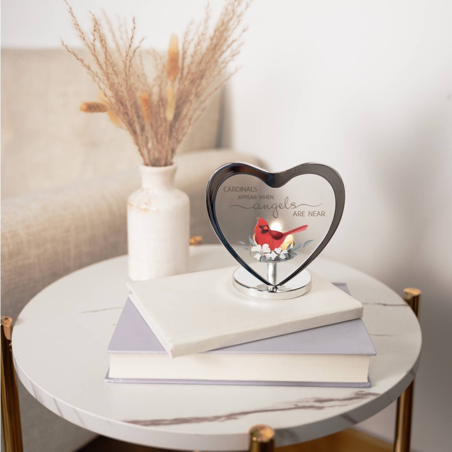 Cardinals Appear - 5" Glass Heart Tea Light Holder