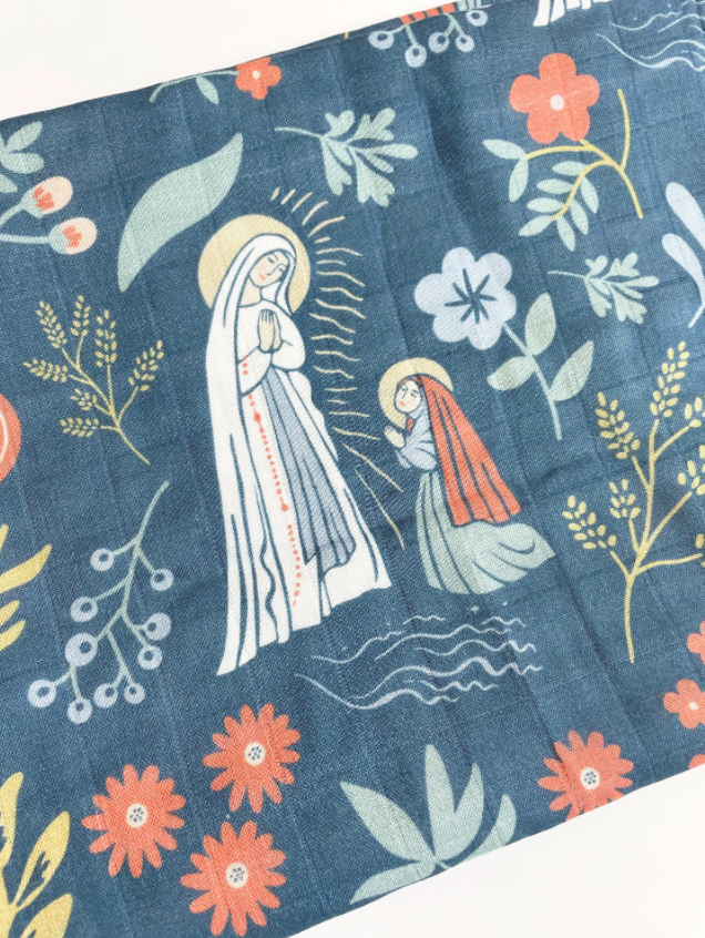 Our Lady of Lourdes and St. Bernadette Muslin Blue Swaddle