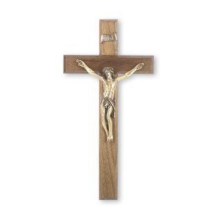 12" Walnut Wood Cross with Museum Gold Finish Corpus